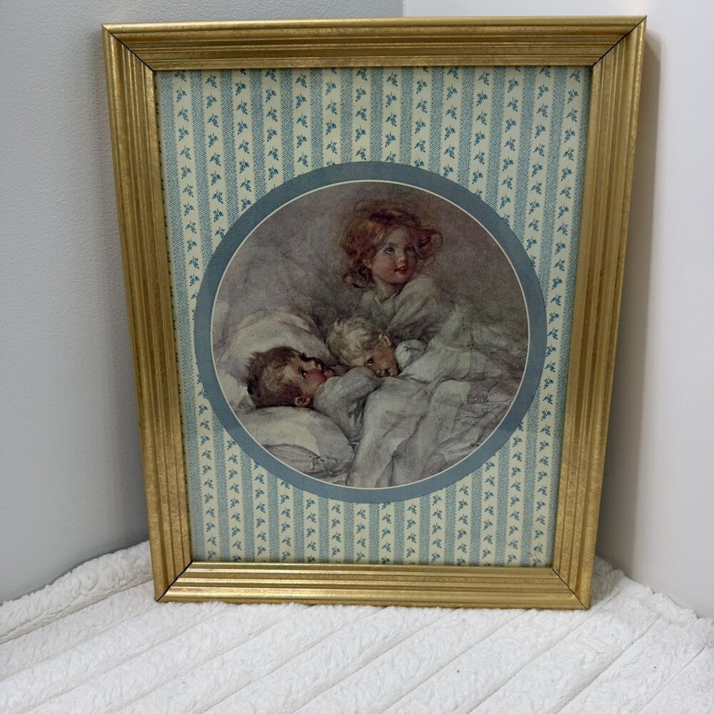 Children in a Bed old Color Print Dallas Wood Craft 1st Printing 1982 15x13